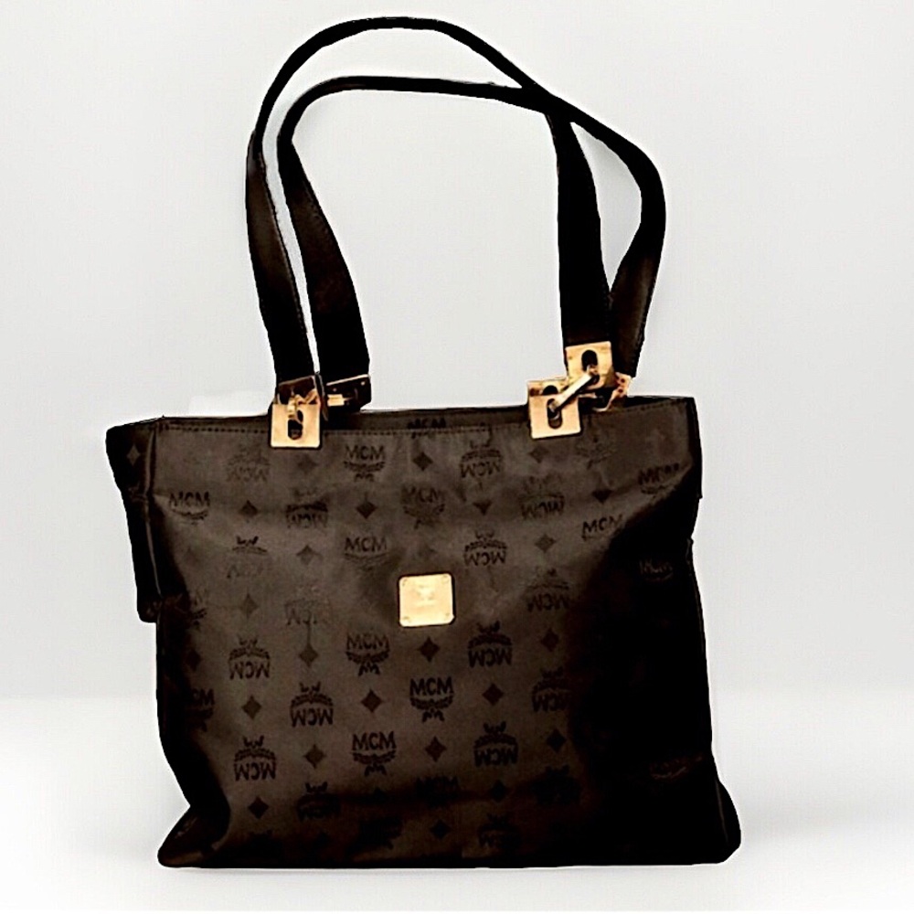 MCM Black & Gold Monogram Shoulder Bag with Top Zipper Closure German